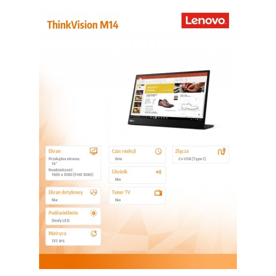 Monitor Lenovo ThinkVision M14  63AAUAT6WL
